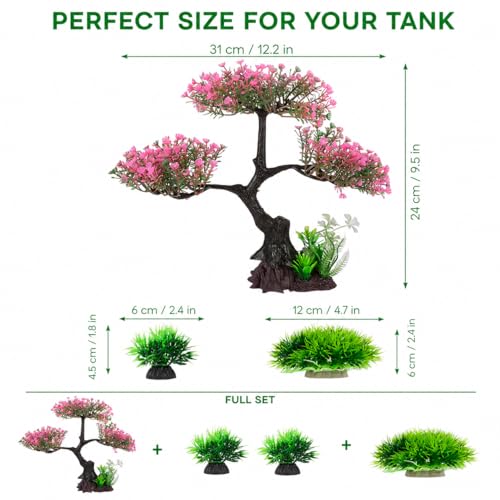 Cabilock Pink Cherry Blossom Aquarium Decor, 12.2 Inch Artificial Sakura Tree Fish Tank Plant with Stable Base, Realistic Plastic Aquarium Ornament for Betta, Goldfish, Turtle Tank Accessories, 4PCS