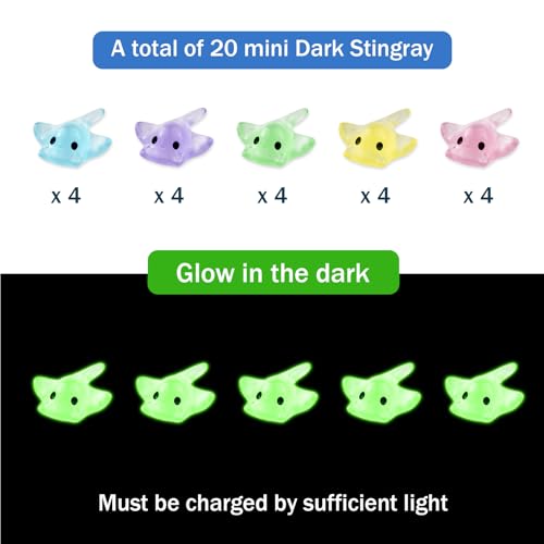 20Pcs Mini Resin Glow in the Dark Stingray Figurines - 6 Colors Realistic Cute Sting Ray Decorations for Terrarium Decor, Fairy Garden, Aquarium, Small Resin Animals with Storage Box