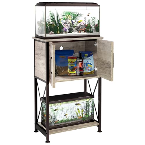 Herture 5-10 Gallon Fish Tank Stand, Metal Double Aquarium Stand with Cabinet for Fish Tank Accessories Storage, Heavy Duty 20.5" L* 11.02" W Tabletop, 500LBS Capacity Grey PG06YGZ