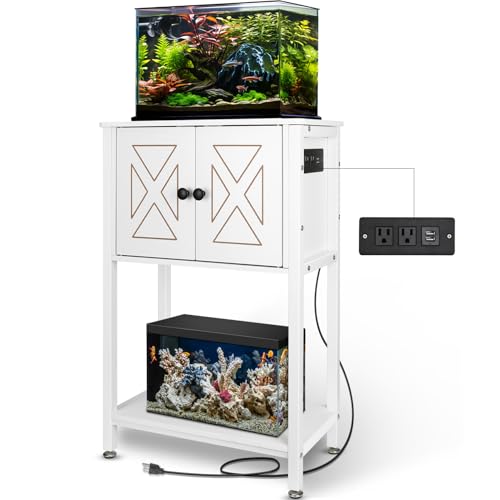 BEURUKU 5-10 Gallon Fish Tank Stand, Heavy Duty Aquarium Stand with Cabinet & Power Outlets for Fish Tank Accessories Storage, Double Reptile Terrarium Stand 20.5" L* 11" W Tabletop, White - color: White, size: 5-10 Gallon