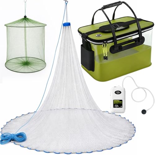 3 Pcs Fishing Bucket, Live Bait Aerator and Fishing Cast Net with Heavy Duty Sinker Foldable Live Bait Bucket Portable Quiet Aerator Fish Transport Container Outdoor EVA Bag - color: Green
