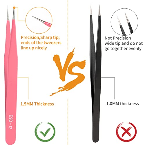 H&W Pink Precision Tweezers 6PCS Set, Upgraded Anti-Static Stainless Steel Curved of Tweezers for Women, for Electronics, Laboratory Work, Jewelry-Making, Craft, with Storage Bag - color: Pink