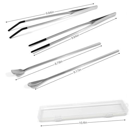 4 Pcs Reptile Feeding Tools Set with Silicone Tips - Extra Long Straight & Curved Tongs, Spoons - Stainless Steel Terrarium Feeder Kit for Bearded Dragons, Lizards, Snakes, Spiders, Aquarium