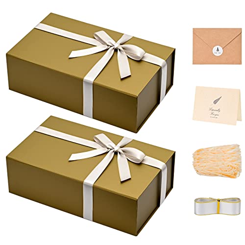 LIFELUM Empty Gift Boxes 2 Pack 13.85 x 8.35 x 4.45 inch Rectangle Collapsible Box with Magnetic Lid and Ribbon,Card,Shredded Paper Filler - color: Cyan Gold, size: 1 count (Pack of 2)