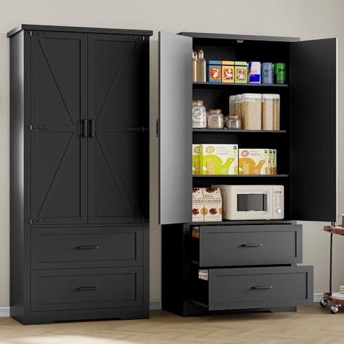 BORNOON Pantry Organizers and Storage Cabinet, 71” Barn Door White Kitchen Cabinet with Drawers and Adjustable Shelf, Tall Pantry for Kitchen, Dining Room, Living Room. Bathroom and Office - color: Black, size: Double Drawers