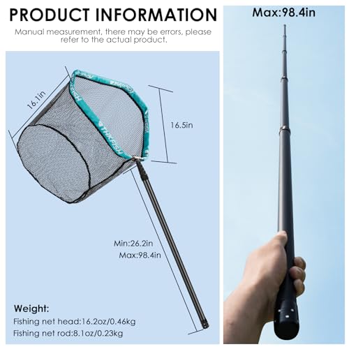 THKFISH Folding Aluminum Fishing Landing Net with Extra Long Telescoping Pole Handle,Extend to 82-157 Inches (98” Telescopic Handle/17.7” Hoop Size), Blcak