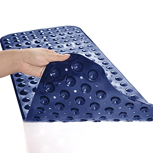 TEESHLY Bath Tub and Shower Mats, Non-Slip 39 x 16 Inch Extra Long Bathtub Mat, Machine Washable BathMat with Drain Holes, Suction Cups for Bathroom (Opaque Navy Blue) - color: Opaque Navy Blue