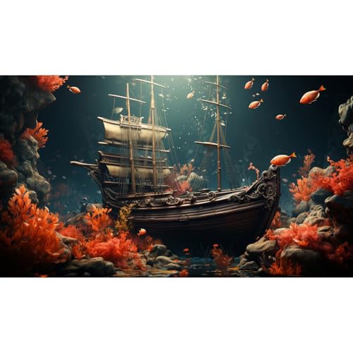 Pirate Shipwreck Aquarium Background Under The Sea Coral Reefs Fish Tank Background Underwater Sunken Ship Landscape Terrarium Background Tropical Sea Marine Life Aquarium Tank Background 24x12in - color: Red, size: 24(W)x12(H)inches/ 60(W)*30cm(H)