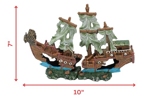 UNEAK - Shipwreck Aquarium Decorations Pirate Ship Ornament w/Sail (2 Pieces) 5 Gallons and Larger Fish Tank, Sunken Ship Decoration Ornaments, Decorative Resin Boat for Freshwater Saltwater Decor - size: 10" x 7.1"