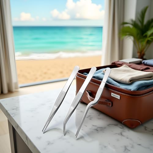 3Pcs Silver Stainless Steel Tweezers Set - 6.22" to 6.4" Multi-Purpose Precision Tools for Gardening, Kitchen and More