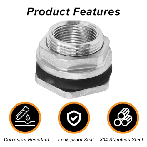 Murtenze 3/4" Bulkhead Water Tank Connector, Stainless Steel Water Tank Fitting Thru-bulk Adapter, Water Pipe Connector for Rain Barrels/Aquariums/Water Tanks - size: 0.75 Inch