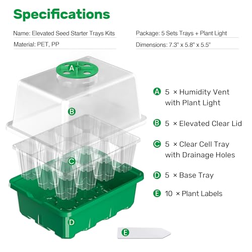 Bonviee 10 Packs Seed Starter Tray with Elevated Lid, 120 Cells Thicken Seed Starting Trays Kit with Adjustable Humidity Vent, Clear Cell Tray and Heightened Lids for Greenhouse & Gardens, Green - color: Green, size: 10 Packs, NO light
