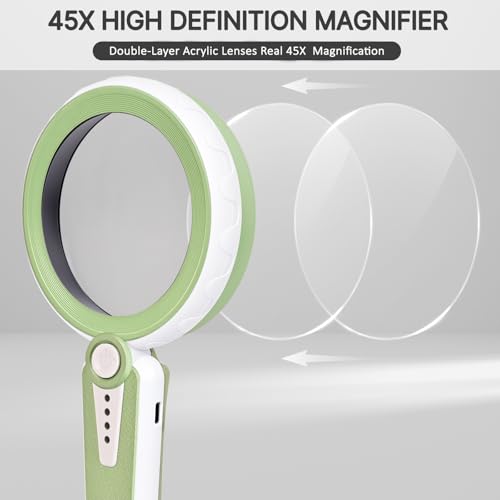 Magnifying Glass with Light, Rechargeable Magnifier for Seniors, Reading | 45X Crystal Clarity • 6 Light Modes • 1200mAh Rechargeable • Large 4.6" Lens • 12 LEDs • Soft Anti-slip Handle • Green - color: Green