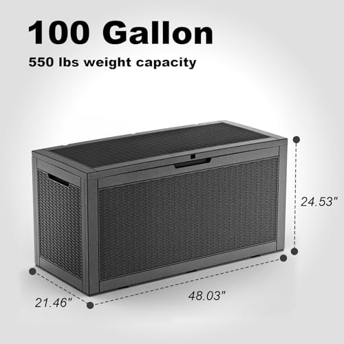 PatioZen 100 Gallon Resin Deck Box, Lockable Patio Outdoor Storage Box for Furniture, Garden Tools and Tools Storage, Waterproof Outside Storage Boxes - Black - color: Black, size: 100 Gallon