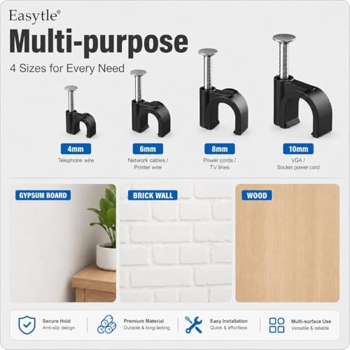200 Pcs Cable Clips 4/6/8/10mm Nail in Cable Clips Cable Wire Clips Cable Tacks Coax Cable Clips Speaker Wire Clips Cable Nails for Cords Wall Wire Clips RG6 RG59 CAT6 RJ45 Ethernet Cable Clips Black