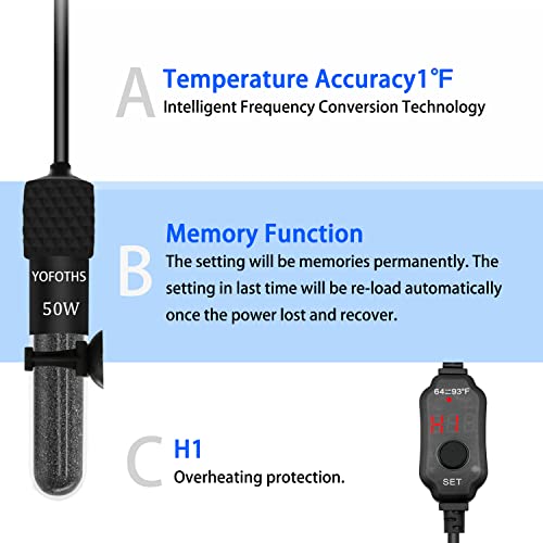 YOFOTHS Adjustable Mini Aquarium Heater 5-10 Gallons Submersible Small Fish Tank Heater 50W Digital Display Thermostat External Temperature Controller (50W) - size: 50W