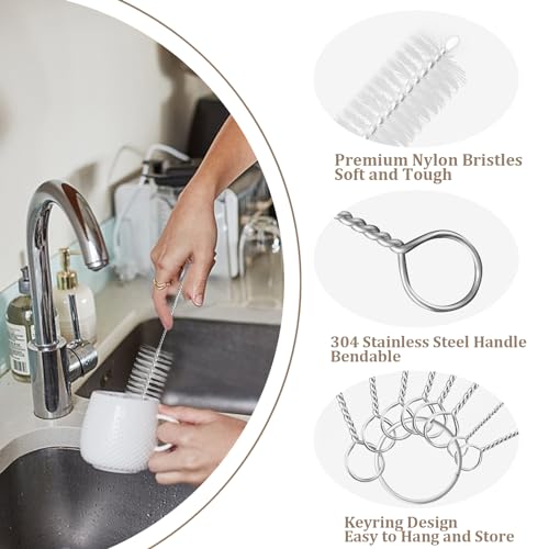 8 Pcs Bottle and Straw Cleaner, Long Deep Nylon Brush with Bendable Stainless Steel Flexible Handles for Bottles, Straws, Pipes, Wine Decanter, Sinks and Cup Cover