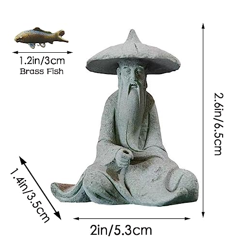 livelyfish Mini Fisherman Statue Asian Zen Decoration Sitting Fishing Figurines Sandstone Vintage Ornament for Aquarium Fish Tank Pot Garden Home Japanese Decor,D - color: Gray
