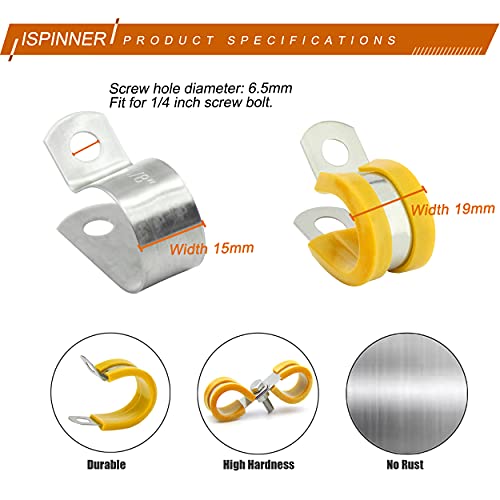 ISPINNER 52pcs Cable Clamps Assortment Kit, 304 Stainless Steel Rubber Cushion Pipe Clamps in 6 Sizes 1/4" 5/16" 3/8" 1/2" 5/8" 3/4" (Yellow) - color: Yellow