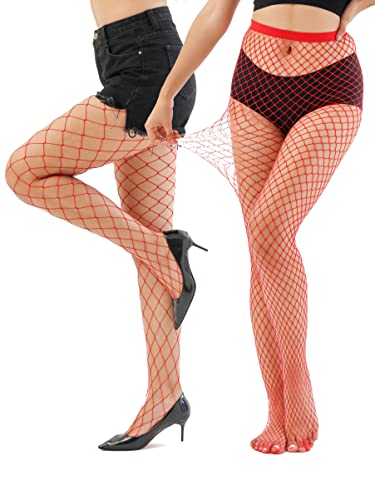 EVERSWE High Waist Fishnet Tights, Thigh High Suspender Stockings - color: Red (Large Grid+medium), size: Large-X-Large