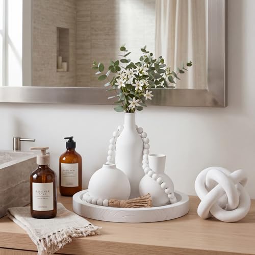6 Pieces Ceramic Vase Set for Table Centerpieces Decor Include Wood Chain Link Bead Garland Boho Rustic Serving Tray for Home Table Living Room Dining Decoration(White) - color: White