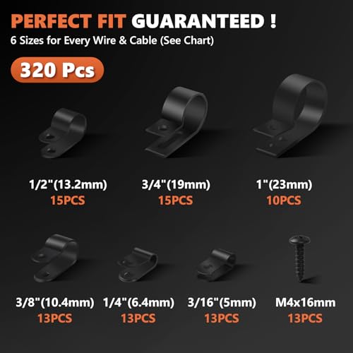 320PCS Black Cable Clamps Nylon Plastic R-Type 6 Sizes 3/16'' 1/4'' 3/8'' 1/2'' 3/4'' 1'' Cable Mounting Wire Clips Assortment Kit with Screws for Wire Management H-049