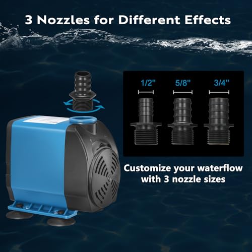 TONGCHANT Submersible Pump, 800GPH & 10ft Lift | 60W Adjustable Flow Fountain Pump for Small Pond Fish Tank & Aquarium, 3 Nozzles(1/2", 5/8" & 3/4"), Fish Safe & Ultra Quiet Operation, ETL Listed - size: 800GPH