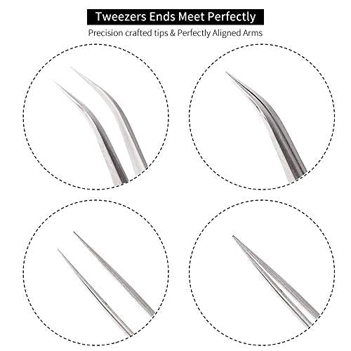 Best Eyelash Extension Tweezer Set - FEITA Pro Straight & Curved Pointy Precision Fine Tip Tweezers for Lash Extensions - Silver - 2Pcs - color: Straight & Curved Tip 2pcs