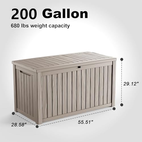 PatioZen 200 Gallon Resin Deck Box, Lockable Patio Outdoor Storage Box for Furniture, Garden Tools and Tools Storage, Waterproof Outside Storage Boxes - Grey - color: Grey, size: 200 Gallon