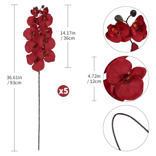 36.6'' Red Orchids Artificial Flowers 10 Large Blooms Fake Phalaenopsis Branches 5PCS Long Stem Faux Silk Orchids for Tall Vase for Home Wedding Party Table Office Decoration (Red) - color: Red