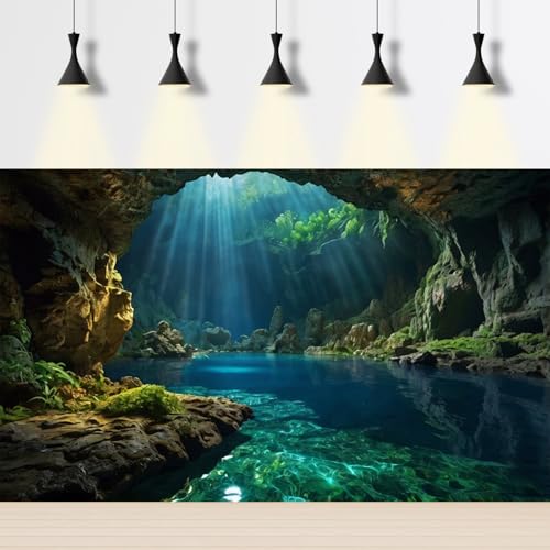 Underwater Cave Aquarium Background Ocean Seaside Rock Cave Fish Tank Background Tropical Seashore Sunrays Blue Sky Terrarium Backgrounds Misty Stunning Seascape Reptile Tank Backgrounds 24x16in - color: Dark Blue, size: 24(W)x16(H)in