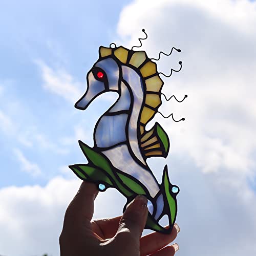 Seahorse Decor Stained Glass Window Hanging,Sea Animals Ornaments Suncatcher,Marine Life Wall Decor Sculpture Hanging Ocean Decorations for Living Room,Bedroom,Kitchen,Dining Room - color: O