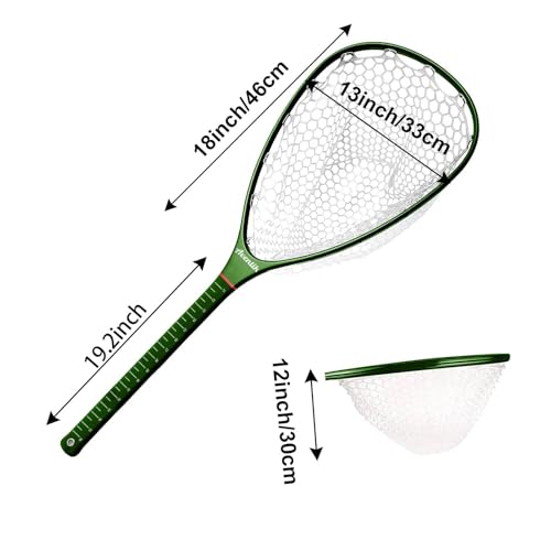 Aventik Fly Floating Fishing Net Carbon Fiber Landing Trout Net Light Weight Clear Rubber Ghost Net Catch & Release - color: Long handle green with magnetic release