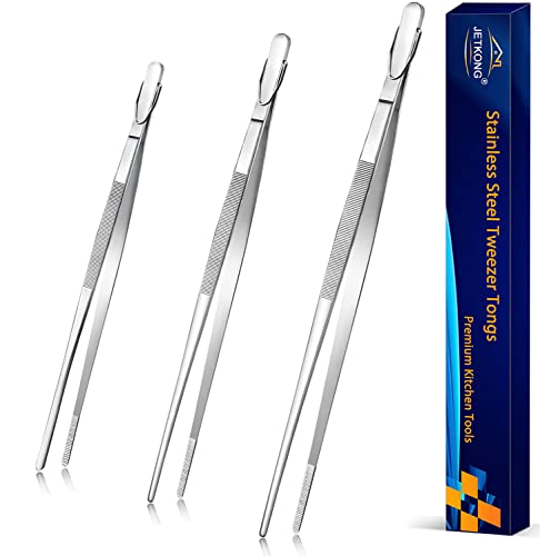 JETKONG Extra Long Kitchen Tweezers Heavy Duty Stainless Steel Cooking Tweezers, Set of 3 (9 12 14 Inch, Silver) - color: Silver, size: 9 12 14 Inch