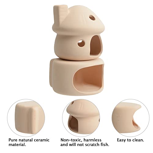 Ceramic Mushroom House Aquarium Decor Set – Natural No Paint Fish Tank Cave Hideout for Betta, Shrimp, Pleco & Goldfish, Safe Spawning Cave Ornament - Beige - color: Beige Set