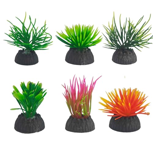 6PCS 1 Inches Tall Seaweed Grass Artificial Aquarium Plants, Plastic Fish Tank Decorations for Freshwater and Saltwater Tanks(Green Orange Pink) - color: Green Orange Pink, size: 1 Inches