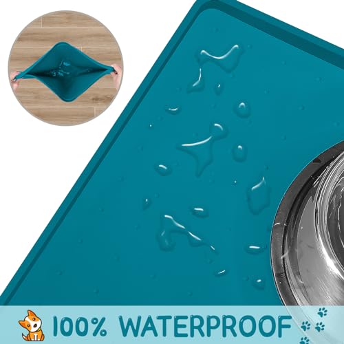 MateeyLife Silicone Cat & Dog Food Mat for Floors Waterproof, Anti-Slip Dog Bowl Mats for Food and Water, Pet Feeding Mats with Lip to Prevent Spills, Pet Placemat for Messy Drinkers to Protect Floors - color: Teal, size: 22''×14''
