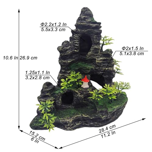 Large Aquarium Decoration Resin Fake Rock Mountain Ornament Landscape Castle Decoration Fighting Fish Reptiles Turtles Hiding Cave Fish Tank Ornaments Accessories - Height 10.7 inches (Green) - color: Green