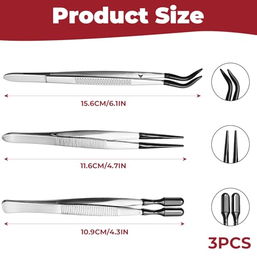 3 Piece Tweezers with Rubber Tips Set, Stainless Steel Rubber Tipped Tweezers Bent Flat and Pointed Precision Tweezer for Jewelry Crafts Electronics and Lab Use Black