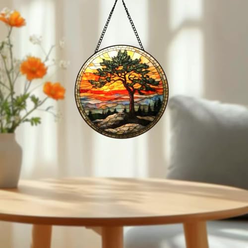 HOTIYOK Pine Tree Acrylic Window Hanging Sunset Mountain View Stained Wall Decor, Ideal Housewarming Gift, Home Decor for Women Grandma Wife Teacher