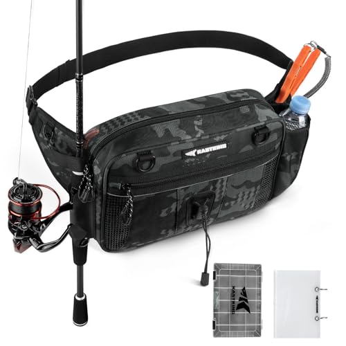 KastKing BaitSpace Waist Bag – Waterproof Tackle Storage Bag With Adjustable Belt, Fishing Fanny Pack for Men, Soft Bait Organizer, 3600 Utility Box, Rod Holder, Nylon - color: Black Camo