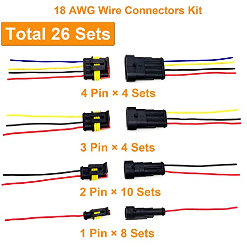 18 AWG Waterproof Wire Connectors Automotive Electrical Connectors Quick Connect Wire Connectors 1/2/3/4 Pin with 18 Gauge Wire (26 Kits) - color: 1-4 pin 26 sets, size: 18 AWG