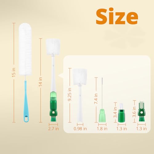 OUTXE 5 Pack Bottle Brush Set, 5-in-1 Water Bottle Cleaner Brush, 15"" Long Handle Bottle Cleaning Brush, 3 Straw Brush, Removable Nipple Brush, Detail Brush for Cup Lid Gap, WBBSBLB5 - color: Green, size: 5-in-1 Brush + Long Handle Brush