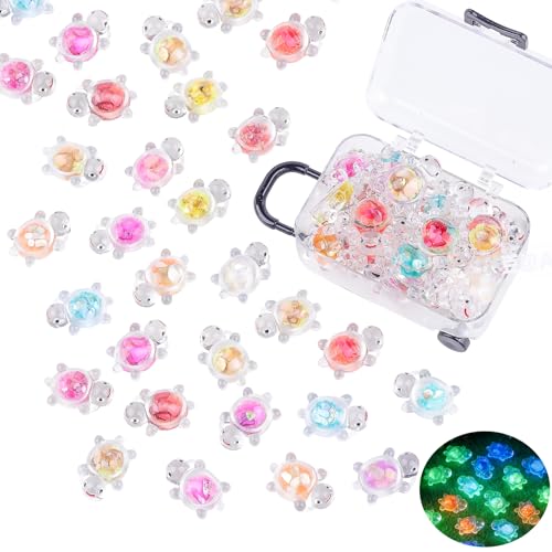 Anboor 30PCS Small Resin Turtle with 1 Pc Suitcase Boxes, Luminous Mini Resin Animals to Hide Sea Turtles Glow in The Dark Figurines for Fairy Garden Dollhouse Aquarium Decor (Seashells) - style: 30 Pcs Seashells