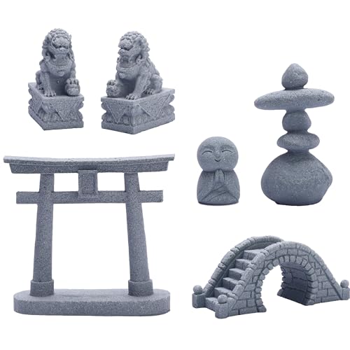 6 PCS Mini Zen Garden Accessories, Miniature Garden Bridge Foo Dogs Torii Gate Sandstone Figurines Meditation Zen Decor Japanese Fish Tank Terrarium Decorations Plant Pots Bonsai Craft Decor (M) - style: Garden