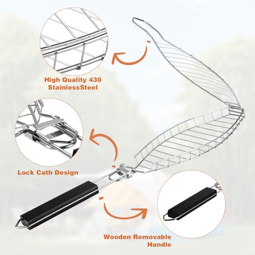 Fish Grill Basket, Stainless Steel Fish Grilling Rack For Oven With Detachable Handle , Large Whole BBQ Fish Grill Basket For Live Fish, NonStick Fish Basket for Grilling Perfect for Salmon, Veggies, And Seafood