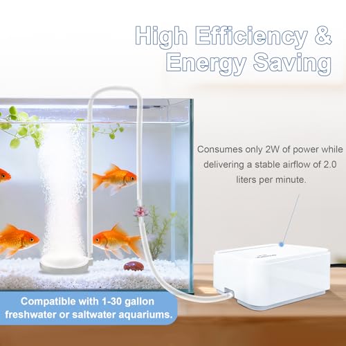 Fish Tank Air Pump - Ultra-Quiet Aquarium Aerator for Fish with Air Stone, Check Valve, Control Valve and Air Tube for 1 to 30 Gallon Tanks