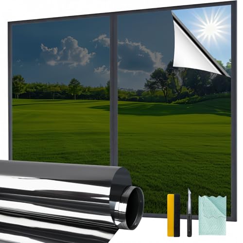 Niviy Home Window Tint Film Heat Blocking, Daytime Privacy One Way Mirror Window Film, Heat Reflective Window Privacy Film See Out But Not in, Black Silver, 23.6 Inch X 118 Inch - color: Black Silver, size: 23.6"x 118"
