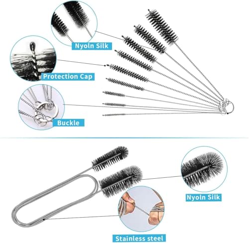 10 Pcs Flexible Drain Brush Straw Cleaner Brush Set,Pipe Cleaners Brush,61Inch Stainless Steel Double-Ended Hose Brush 8.2Inch Nylon Long Tube Cleaning Brush for Home Kitchen Sink Plumbing
