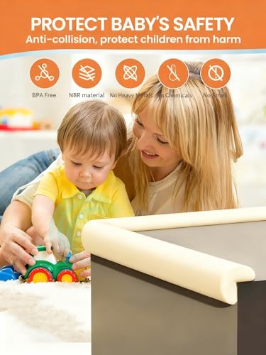 Baby Proof Edge Corner Protector, 16.4FT 0.47''Th L-Shape Furniture Corner & Edge Safety Bumpers with 10 Corners, Pre-Taped, Soft NBR Rubber Foam Desk Edge Cushion Wall Corner Protector (Beige) - color: Beige, size: 0.47''Th (16.4ft)